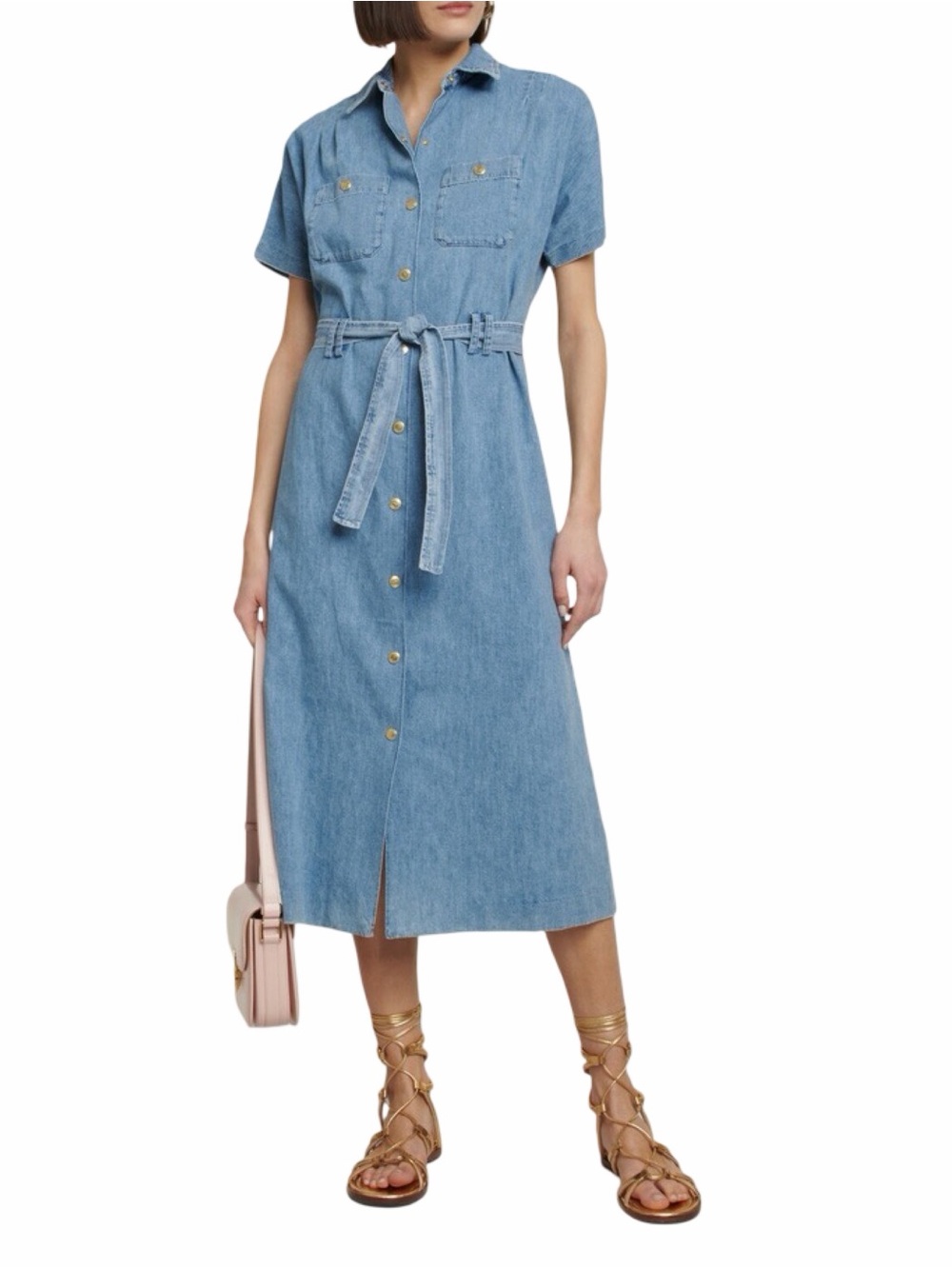 A.P.C. Drew Light Blue Denim Midi Shirt Dress with Tie Waist